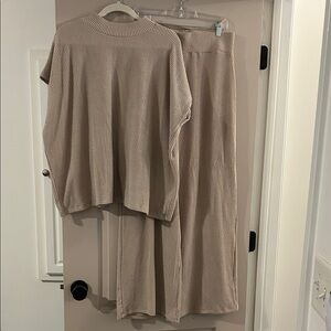 Beige Ribbed Knit Top and pants Set